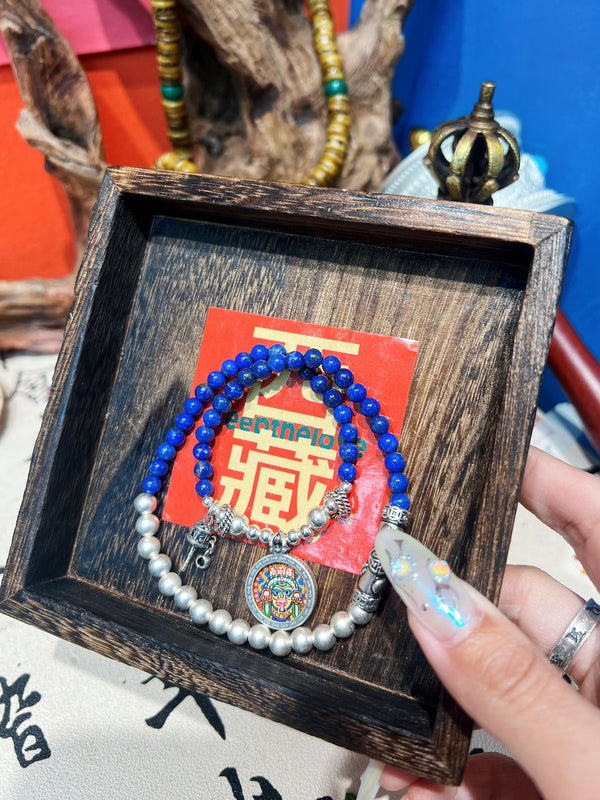 Double‑Wrap Blue‑White Thangka Beaded Bracelet