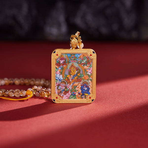 Blessed Five-Path Wealth Gods Thangka Pendant Necklace - Hand-Painted in Menri School with Mixed Gemstones，Attracts Multi-Source Wealth & Removes All Financial Blocks