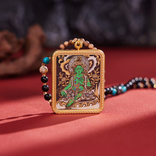 Green Tara with Dzi & Malachite Beads Thangka Pendant Necklace