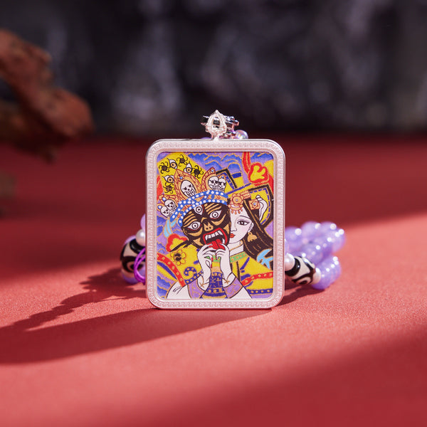 Blessed Zashi Lhamo Past-Present Thangka Pendant Necklace - Hand-Painted in Rebgong School with Jasper，Clears Karmic Confusion & Guides Life Direction