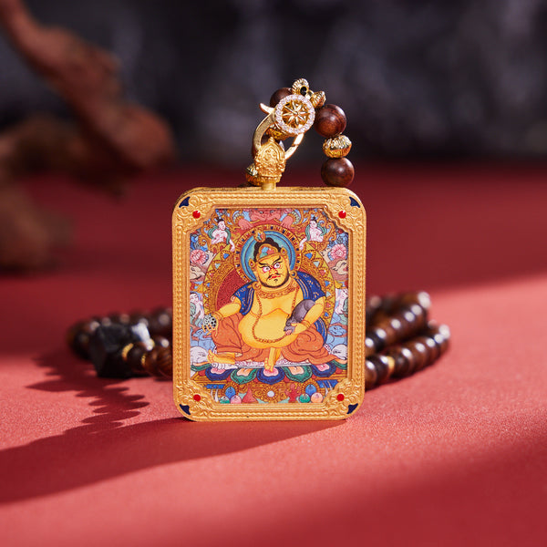 Blessed Yellow Jambhala Thangka Pendant Necklace - Hand-Painted in Menri School with Sandalwood，Clears Financial Stagnation & Attracts Prosperity