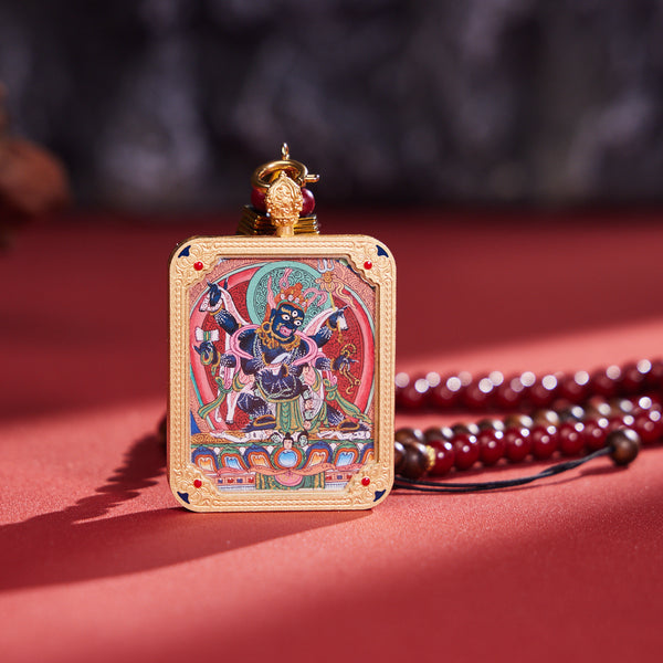 Six-Armed Mahakala with Cinnabar & Sandalwood Thangka Pendant Necklace