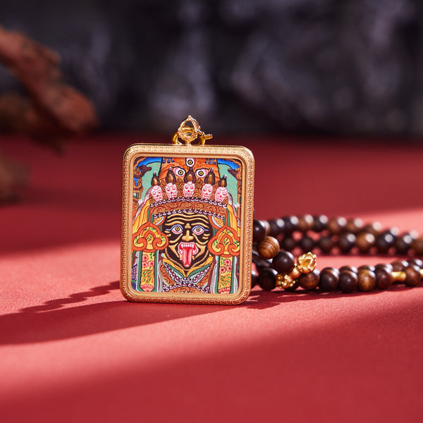 Blessed Zashi Lhamo Thangka Pendant Necklace - Hand-Painted in Traditional Tibetan School with Coral，Enhances Business Fortune & Strengthens Prosperity