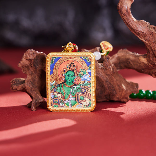 Green Tara with Colored Glaze Beads Thangka Pendant Necklace