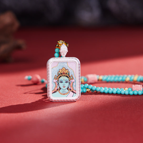 Green Tara with Turquoise Beads Thangka Pendant Necklace