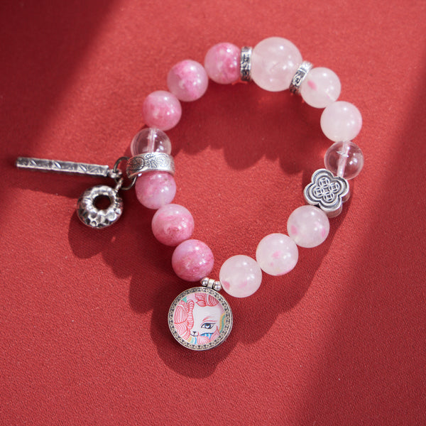 Little Fox Spirit with Rose & White Quartz Crystal Thangka Bracelet