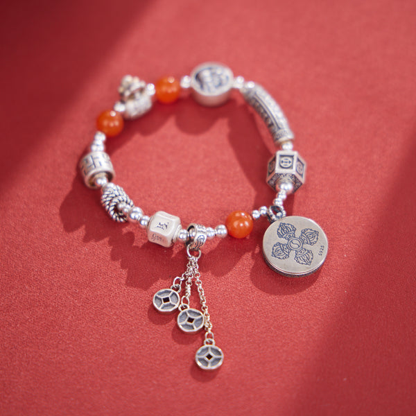 White Jambhala Eyes with Silver and Nanhong Agate Thangka Bracelet