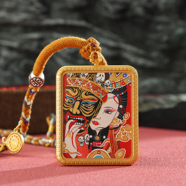 Blessed Zashi Lhamo Past-Present Thangka Pendant Necklace - Hand-Painted in Karma Gadri School with Woven Cords，Dissolves Life Stagnation & Guides Karmic Growth