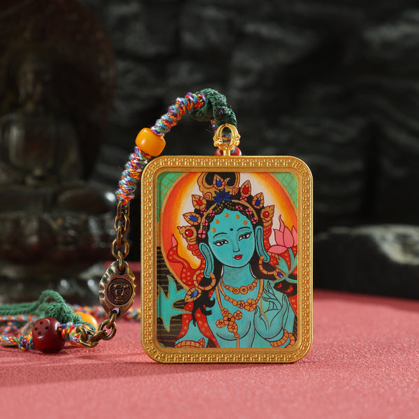 Blessed Green Tara Thangka Pendant Necklace - Hand-Painted in Rebgong School with Woven Cords，Alleviates Hardships & Amplifies Compassionate Blessings